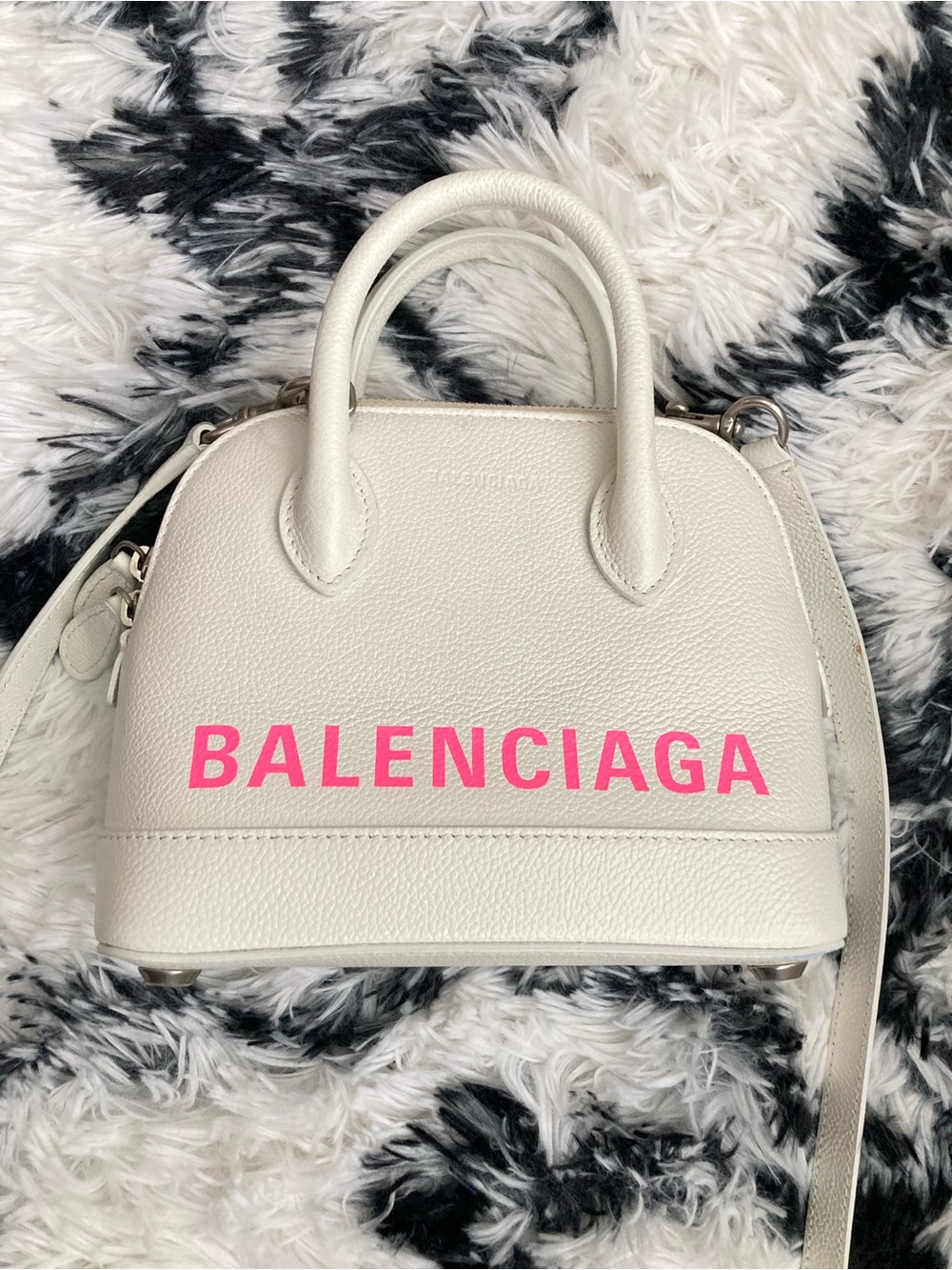 Balenciaga Cream Leather Mini Top-Handle Bag with Pink Logo